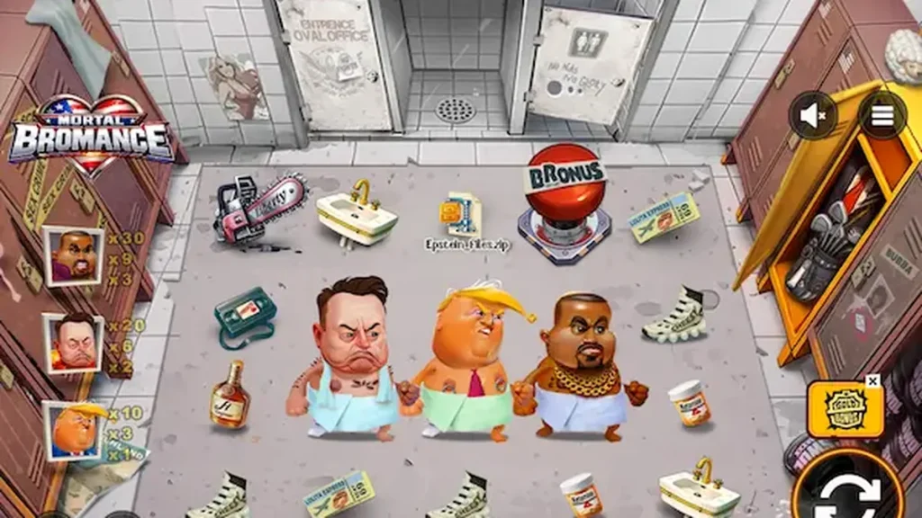 Mortal Bromance slot game interface featuring character symbols and locker room theme
