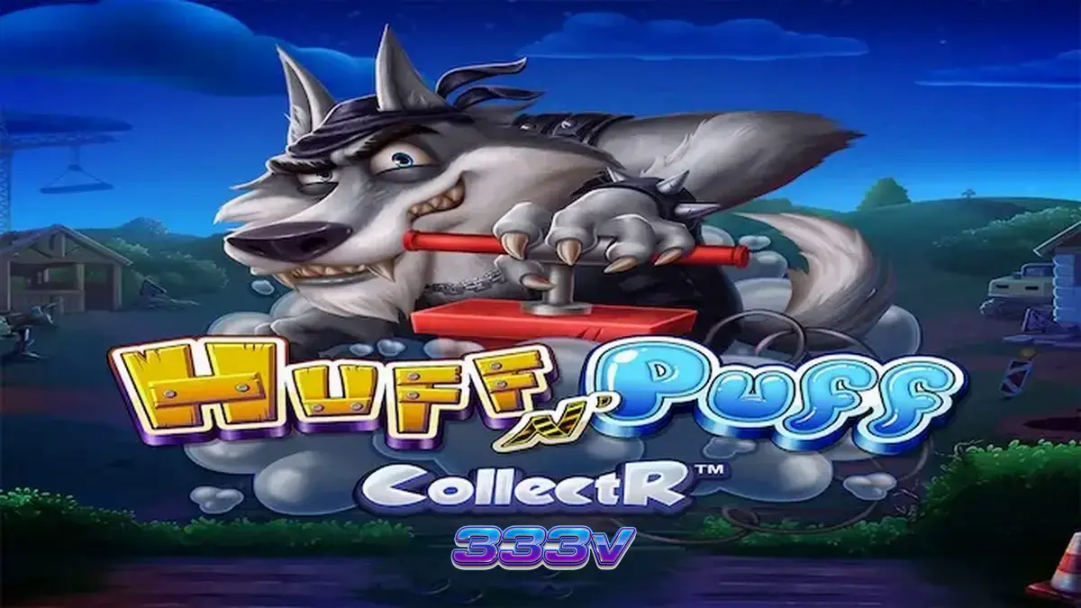 Tampilan visual permainan slot Huff N' Puff CollectR dengan karakter babi dan serigala