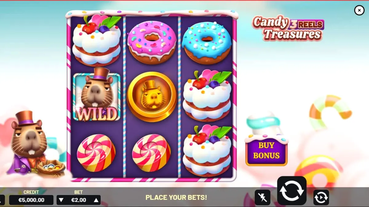 Tampilan visual slot Candy Treasures 3 Reels dengan tema permen dan kue.